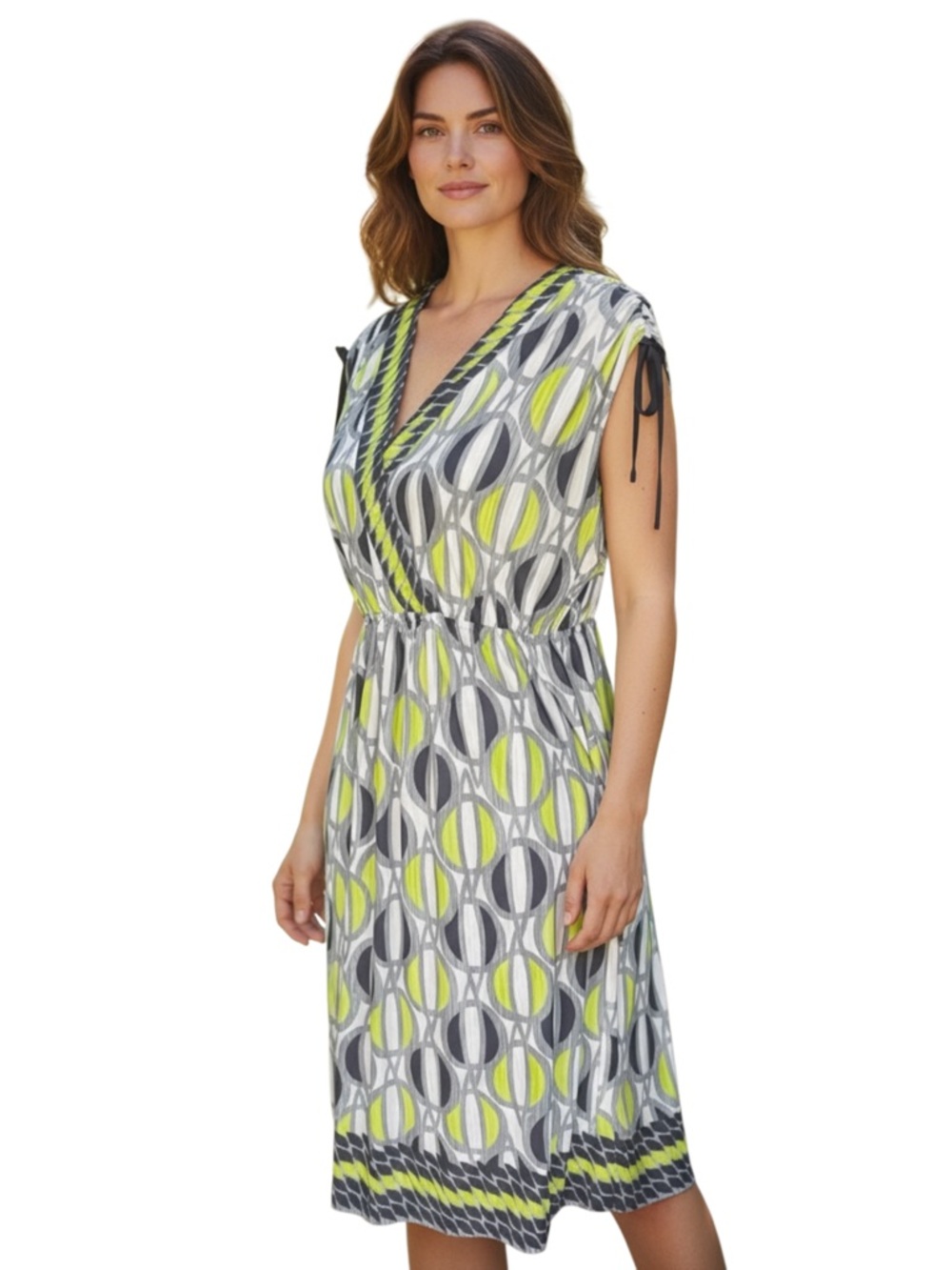 London Times Black/White/Grey/Yellow V-Neck Sleeveless Blouson Midi Dress (10)